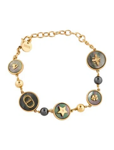 Pre-owned Dior Mother Of Pearl & Faux Pearl D-luck Charm Bracelet, 7.75" In Grey