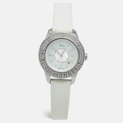 Pre-owned Dior Mother Of Pearl Stainless Steel Leather Diamond Christal Cd11311c Women's Wristwatch 33 Mm In White