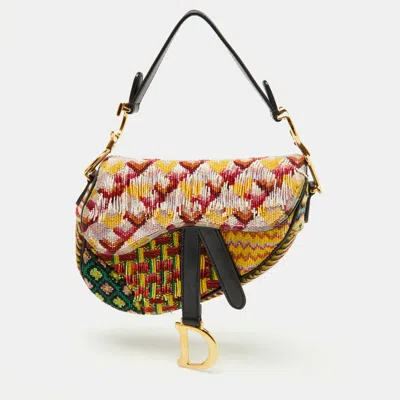 Pre-owned Dior Multicolor Beaded And Leather Mini Saddle Bag