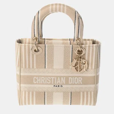 Pre-owned Dior Multicolor Stripe Embroidered Canvas Medium Lady D-lite Tote In Beige