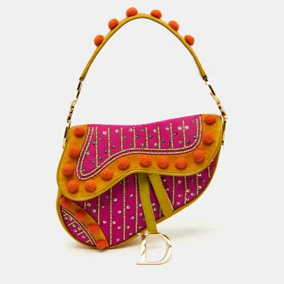 Pre-owned Dior Multicolor Velvet And Patent Leather Limited Edition Pom Pom Embellished Saddle Bag