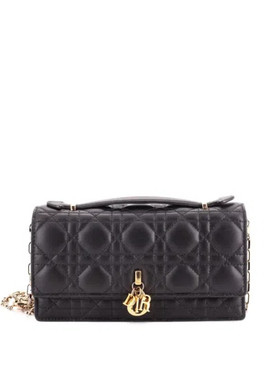 Pre-owned Dior My  Top Handle Flap Bag Cannage Quilt Lambskin Mini Crossbody Bag In Black