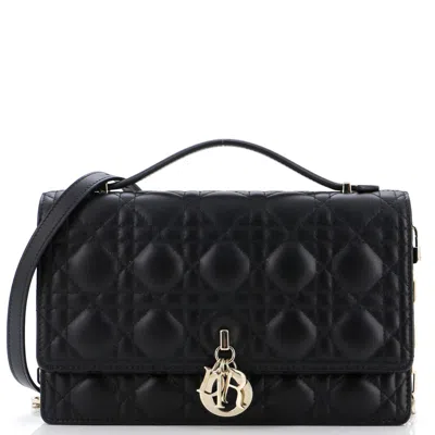 Dior My  Top Handle Flap Bag Cannage Quilt Lambskin Small In Black