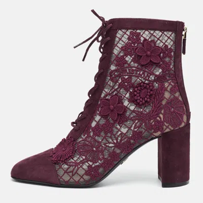 Pre-owned Dior Naughtily-d Size 38 Burgundy Embroidered Suede Ankle Boots