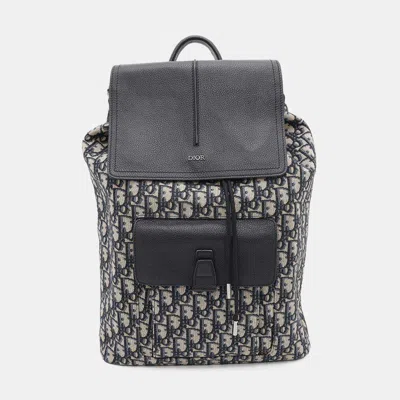 Pre-owned Dior Navy Black Leather Canvas Oblique Backpack