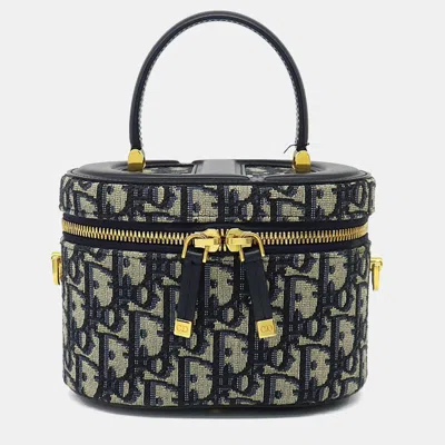 Pre-owned Dior Navy Blue Calf Leather Cotton Cd Signature Small Vanity Bag