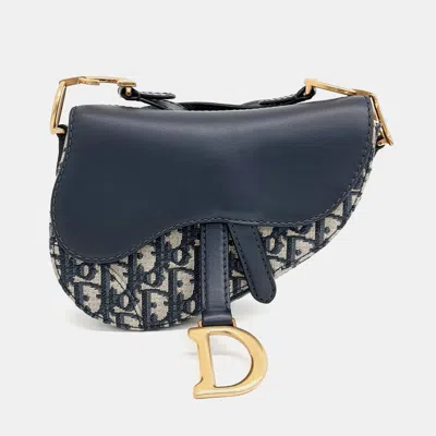 Pre-owned Dior Navy Blue Canvas And Leather Oblique Mini Saddle Strap Bag