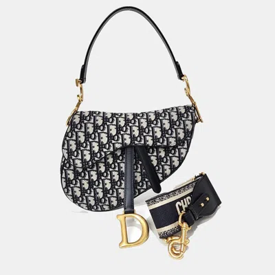 Pre-owned Dior Navy Blue Canvas And Leather Oblique Saddle Bag + Strap