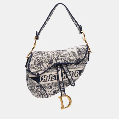 Pre-owned Dior Navy Blue Canvas Embroidered Toile De Jouy Saddle Bag