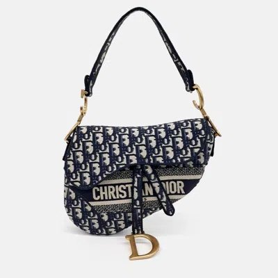Pre-owned Dior Navy Blue Canvas Oblique Saddle Bag