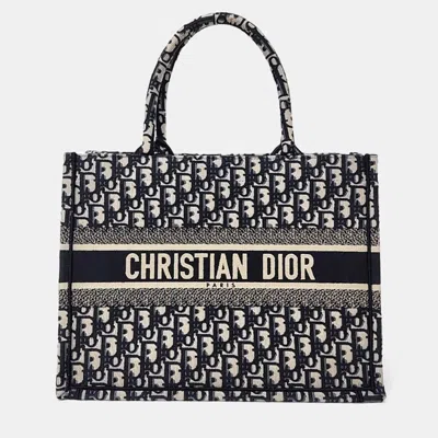 Pre-owned Dior Navy Blue Canvas Oblit Book Tote Bag 36