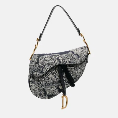 Pre-owned Dior Navy Blue Canvas Reverse Embroidered Toile De Jouy Saddle Bag