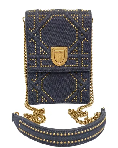 Pre-owned Dior Navy Blue Cotton Denim Ama Studded Vertical Clutch (authentic Pre-  Loved)