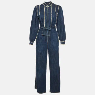 Pre-owned Dior Navy Blue Denim Belted Jumpsuit S