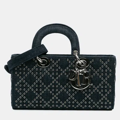 Pre-owned Dior Navy Blue Denim Cannage Eyelet Medium Lady D Joy