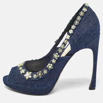 Pre-owned Dior Navy Blue Denim Crystal Embellished Peep Toe Pumps Size 40.5