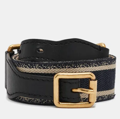 Pre-owned Dior Navy Blue Embroidered Canvas And Black Leather Buckle Belt 80cm
