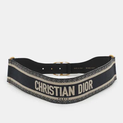 Pre-owned Dior Navy Blue Embroidered Canvas And Leather Buckle Waist Belt 75cm