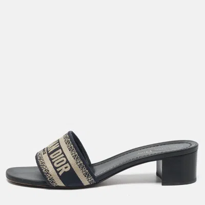 Pre-owned Dior Navy Blue Embroidered Canvas Dway Block Heel Slide Sandals Size 41.5
