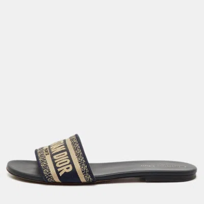 Pre-owned Dior Navy Blue Embroidered Canvas Dway Flat Slide Sandals Size 40