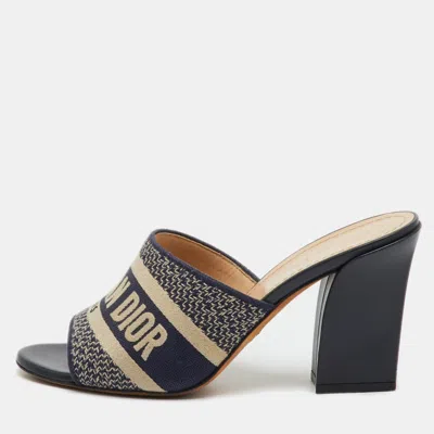 Pre-owned Dior Navy Blue Embroidered Canvas Dway Slide Sandals Size 38