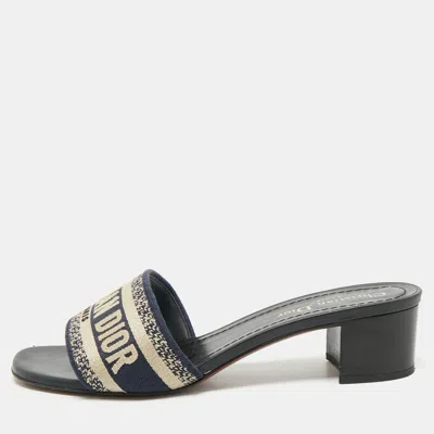 Pre-owned Dior Navy Blue Embroidered Canvas Dway Slide Sandals Size 38.5