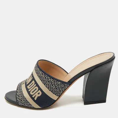 Pre-owned Dior Navy Blue Embroidered Canvas Dway Slide Sandals Size 38.5