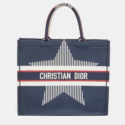 Pre-owned Dior Navy Blue Embroidered Canvas Large New Alps Book Tote