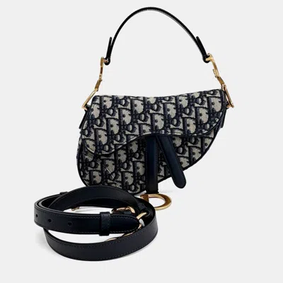 Pre-owned Dior Navy Blue Fabric Oblique Mini Saddle Strap Bag