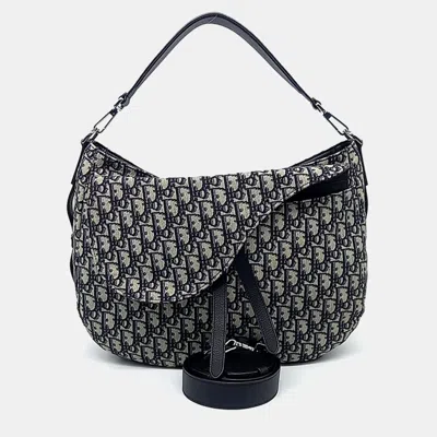 Pre-owned Dior Navy Blue Fabric Oblique Saddle Soft Bag