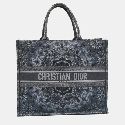 Pre-owned Dior Navy Blue Flower Embroidered Denim Large Book Tote