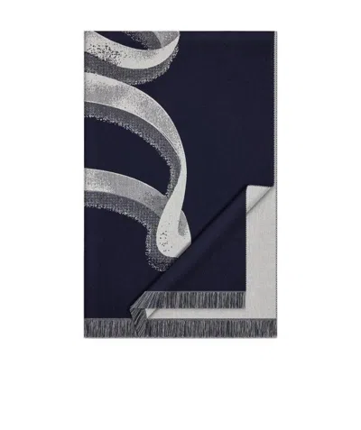 Dior Navy Blue Jacquard Fringed Scarf In Black