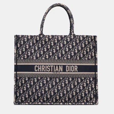 Pre-owned Dior Navy Blue Large Oblique Canvas Book Tote