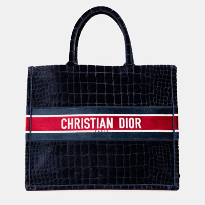 Pre-owned Dior Navy Blue Large Velvet Embossed Book Tote