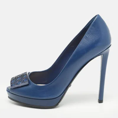 Pre-owned Dior Navy Blue Leather Peep Toe Platform Pumps Size 36