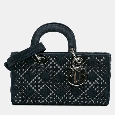 Pre-owned Dior Navy Blue Medium Denim Cannage Eyelet Lady D Joy