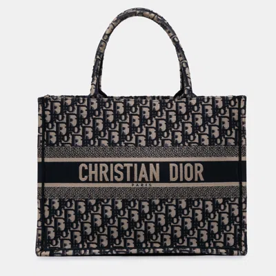 Pre-owned Dior Navy Blue Medium Oblique Canvas Book Tote