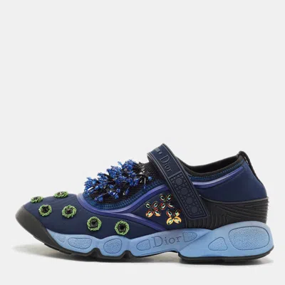 Pre-owned Dior Navy Blue Mesh And Nylon Fusion Floral Embellished Slip On Sneakers Size 37