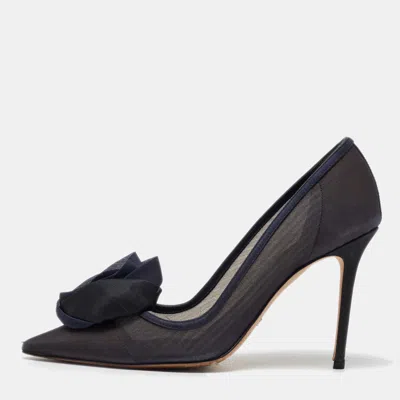 Pre-owned Dior Navy Blue Mesh And Satin Trim Rosette Pointed Toe Pumps Size 39