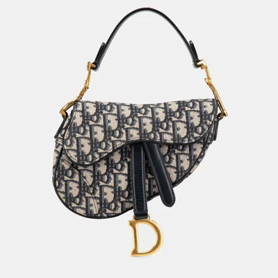 Pre-owned Dior Navy Blue Mini Oblique Canvas Saddle Bag