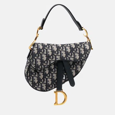 Pre-owned Dior Navy Blue Mini Oblique Canvas Saddle Bag