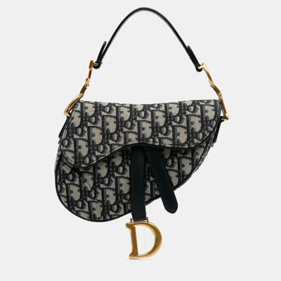 Pre-owned Dior Navy Blue Mini Oblique Canvas Saddle Bag