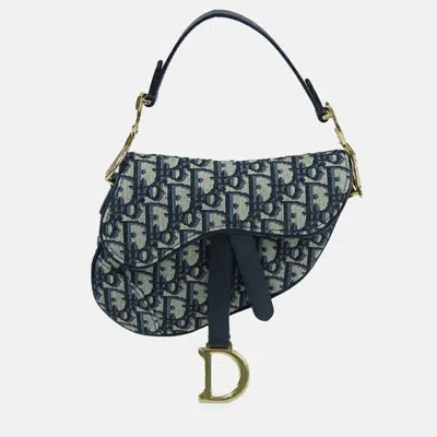 Pre-owned Dior Navy Blue Mini Oblique Canvas Saddle Bag
