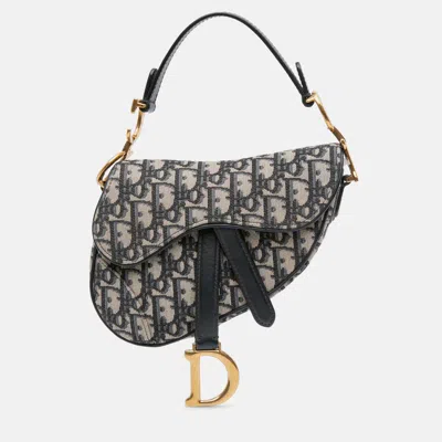 Pre-owned Dior Navy Blue Mini Oblique Canvas Saddle Bag