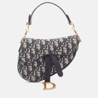 Pre-owned Dior Navy Blue Mini Oblique Canvas Saddle Bag