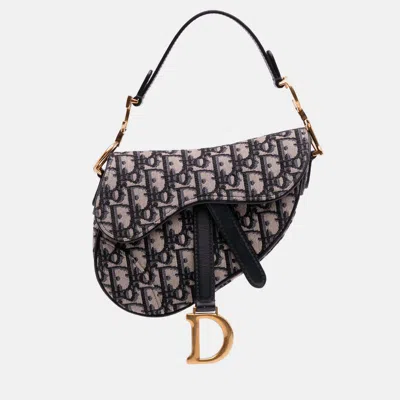 Pre-owned Dior Navy Blue Mini Oblique Canvas Saddle Bag
