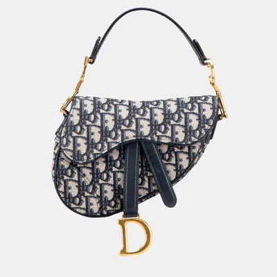 Pre-owned Dior Navy Blue Mini Oblique Canvas Saddle Bag