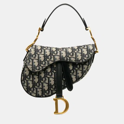 Pre-owned Dior Navy Blue Mini Oblique Canvas Saddle Bag