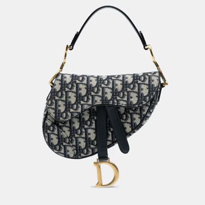 Pre-owned Dior Navy Blue Mini Oblique Canvas Saddle Bag