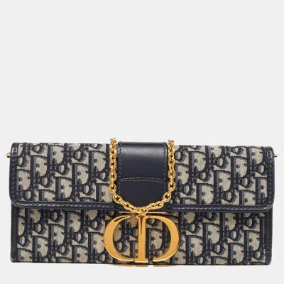 Pre-owned Dior Navy Blue Oblique Canvas And Leather 30 Montaigne Chain Clutch